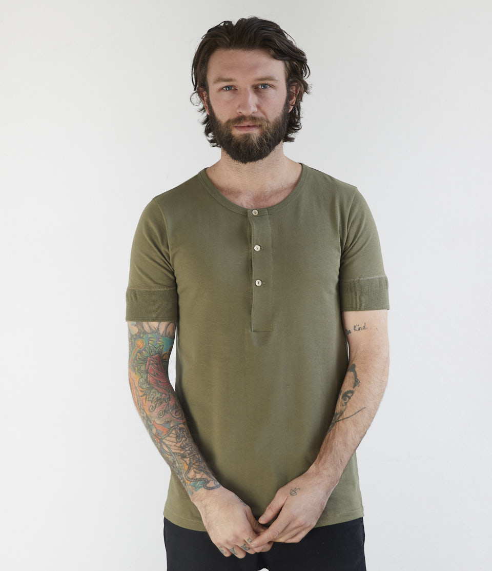 Dark Green Merz B. Schwanen 207 loopwheeled henley Men T Shirts | MERZ3485176